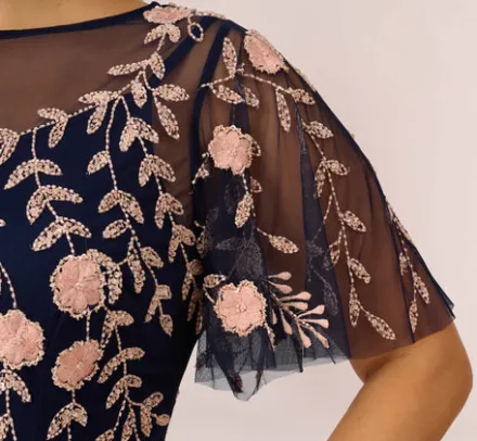 Adrianna Papell Wedding Guest Dresses|Petite-Friendly*Plus Size Floral Beaded Dress With Sheer Flutter Sleeves In Navy Blush
