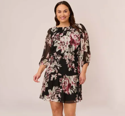 Adrianna Papell Wedding Guest Dresses|Day Dresses*Plus Size Floral Chiffon Dress With Three Quarter Length Sleeves In Black Multi