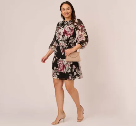 Adrianna Papell Wedding Guest Dresses|Day Dresses*Plus Size Floral Chiffon Dress With Three Quarter Length Sleeves In Black Multi