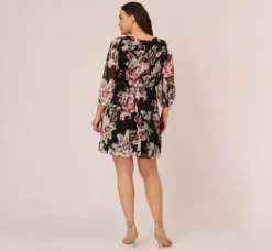 Adrianna Papell Wedding Guest Dresses|Day Dresses*Plus Size Floral Chiffon Dress With Three Quarter Length Sleeves In Black Multi