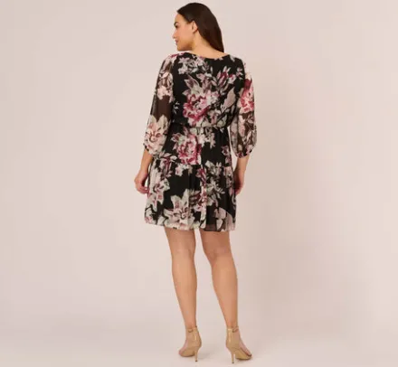 Adrianna Papell Wedding Guest Dresses|Day Dresses*Plus Size Floral Chiffon Dress With Three Quarter Length Sleeves In Black Multi
