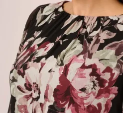 Adrianna Papell Wedding Guest Dresses|Day Dresses*Plus Size Floral Chiffon Dress With Three Quarter Length Sleeves In Black Multi