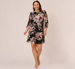 Adrianna Papell Wedding Guest Dresses|Day Dresses*Plus Size Floral Chiffon Dress With Three Quarter Length Sleeves In Black Multi