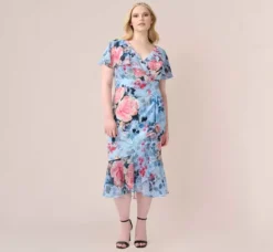 Adrianna Papell Wedding Guest Dresses|Day Dresses*Plus Size Floral Faux Wrap Dress In Blue Multi
