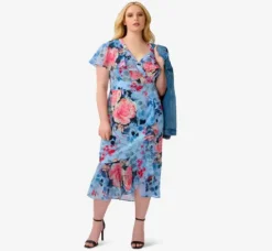 Adrianna Papell Wedding Guest Dresses|Day Dresses*Plus Size Floral Faux Wrap Dress In Blue Multi