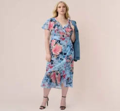 Adrianna Papell Wedding Guest Dresses|Day Dresses*Plus Size Floral Faux Wrap Dress In Blue Multi