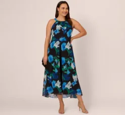 Adrianna Papell Jumpsuits|Day Dresses*Plus Size Floral Print Chiffon Cropped Jumpsuit With Wide Legs In Black Multi