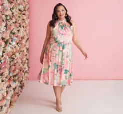 Adrianna Papell Wedding Guest Dresses|Day Dresses*Plus Size Floral Print Chiffon Halter Dress With Mock Neck In Blush Multi