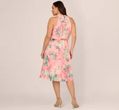Adrianna Papell Wedding Guest Dresses|Day Dresses*Plus Size Floral Print Chiffon Halter Dress With Mock Neck In Blush Multi