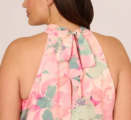 Adrianna Papell Wedding Guest Dresses|Day Dresses*Plus Size Floral Print Chiffon Halter Dress With Mock Neck In Blush Multi
