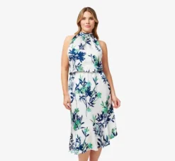 Adrianna Papell Day Dresses|Petite-Friendly*Plus Size Floral-Print Crepe Midi-Length Blouson Halter Dress In Ivory Multi