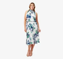 Adrianna Papell Day Dresses|Petite-Friendly*Plus Size Floral-Print Crepe Midi-Length Blouson Halter Dress In Ivory Multi