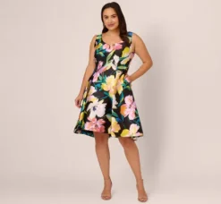 Adrianna Papell Wedding Guest Dresses|Day Dresses*Plus Size Floral Print Mikado Sleeveless Dress With High Low Skirt In Black Multi