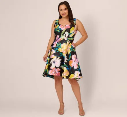 Adrianna Papell Wedding Guest Dresses|Day Dresses*Plus Size Floral Print Mikado Sleeveless Dress With High Low Skirt In Black Multi