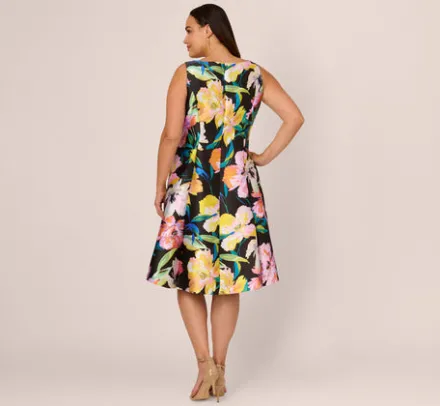 Adrianna Papell Wedding Guest Dresses|Day Dresses*Plus Size Floral Print Mikado Sleeveless Dress With High Low Skirt In Black Multi