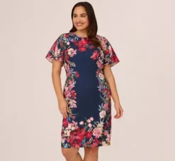 Adrianna Papell Wedding Guest Dresses|Day Dresses*Plus Size Floral Print Twill Sheath Dress With Flutter Short Sleeves In Navy Multi