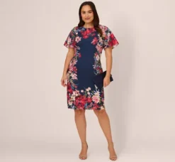 Adrianna Papell Wedding Guest Dresses|Day Dresses*Plus Size Floral Print Twill Sheath Dress With Flutter Short Sleeves In Navy Multi