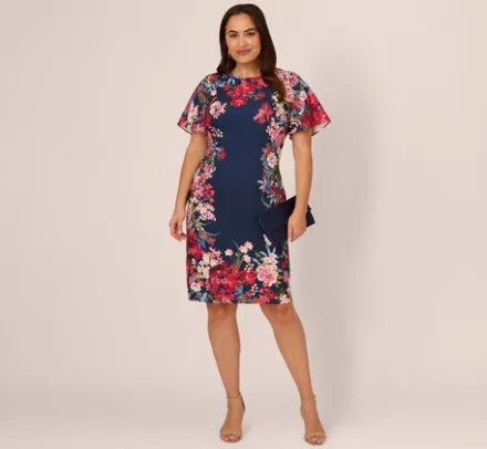 Adrianna Papell Wedding Guest Dresses|Day Dresses*Plus Size Floral Print Twill Sheath Dress With Flutter Short Sleeves In Navy Multi