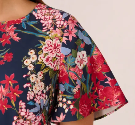 Adrianna Papell Wedding Guest Dresses|Day Dresses*Plus Size Floral Print Twill Sheath Dress With Flutter Short Sleeves In Navy Multi