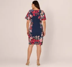 Adrianna Papell Wedding Guest Dresses|Day Dresses*Plus Size Floral Print Twill Sheath Dress With Flutter Short Sleeves In Navy Multi