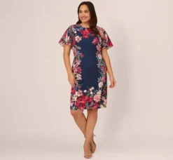 Adrianna Papell Wedding Guest Dresses|Day Dresses*Plus Size Floral Print Twill Sheath Dress With Flutter Short Sleeves In Navy Multi