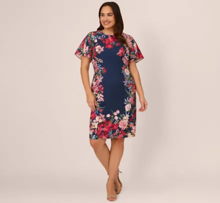 Adrianna Papell Wedding Guest Dresses|Day Dresses*Plus Size Floral Print Twill Sheath Dress With Flutter Short Sleeves In Navy Multi