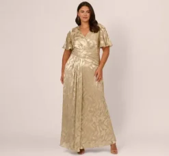 Adrianna Papell Wedding Guest Dresses|Formal Dresses*Plus Size Foil Leaf Short Sleeve Gown With Draped Details In Champagne Gold