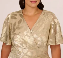 Adrianna Papell Wedding Guest Dresses|Formal Dresses*Plus Size Foil Leaf Short Sleeve Gown With Draped Details In Champagne Gold