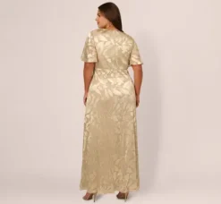 Adrianna Papell Wedding Guest Dresses|Formal Dresses*Plus Size Foil Leaf Short Sleeve Gown With Draped Details In Champagne Gold