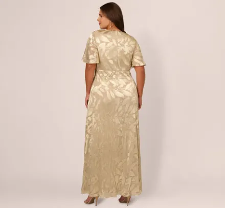 Adrianna Papell Wedding Guest Dresses|Formal Dresses*Plus Size Foil Leaf Short Sleeve Gown With Draped Details In Champagne Gold