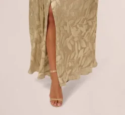 Adrianna Papell Wedding Guest Dresses|Formal Dresses*Plus Size Foil Leaf Short Sleeve Gown With Draped Details In Champagne Gold