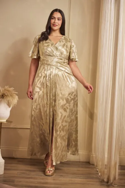 Adrianna Papell Wedding Guest Dresses|Formal Dresses*Plus Size Foil Leaf Short Sleeve Gown With Draped Details In Champagne Gold
