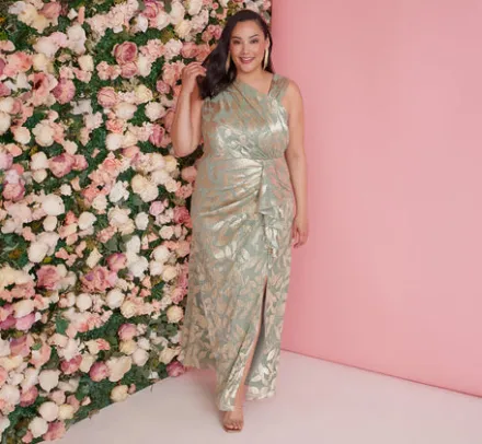 Adrianna Papell Wedding Guest Dresses|Formal Dresses*Plus Size Foil Printed Asymmetric Gown With Ruffled Detail In Sage Gold