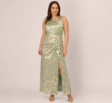 Adrianna Papell Wedding Guest Dresses|Formal Dresses*Plus Size Foil Printed Asymmetric Gown With Ruffled Detail In Sage Gold
