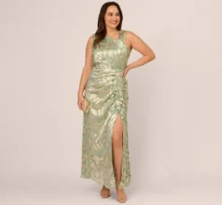 Adrianna Papell Wedding Guest Dresses|Formal Dresses*Plus Size Foil Printed Asymmetric Gown With Ruffled Detail In Sage Gold