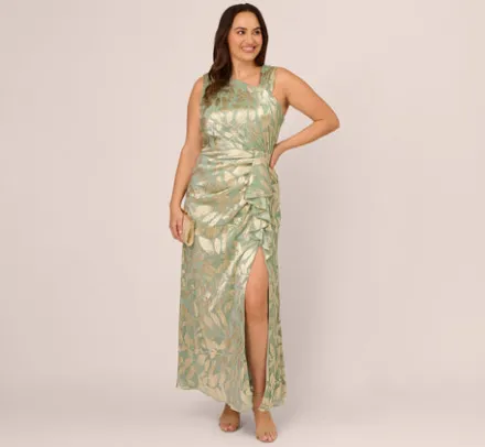 Adrianna Papell Wedding Guest Dresses|Formal Dresses*Plus Size Foil Printed Asymmetric Gown With Ruffled Detail In Sage Gold