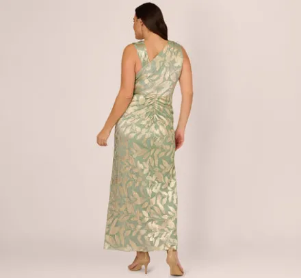 Adrianna Papell Wedding Guest Dresses|Formal Dresses*Plus Size Foil Printed Asymmetric Gown With Ruffled Detail In Sage Gold