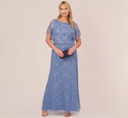 Adrianna Papell Wedding Guest Dresses|Formal Dresses*Plus Size Hand-Beaded Blouson Long Gown With Flutter Sleeves In French Blue