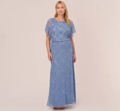 Adrianna Papell Wedding Guest Dresses|Formal Dresses*Plus Size Hand-Beaded Blouson Long Gown With Flutter Sleeves In French Blue
