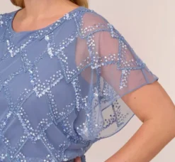 Adrianna Papell Wedding Guest Dresses|Formal Dresses*Plus Size Hand-Beaded Blouson Long Gown With Flutter Sleeves In French Blue