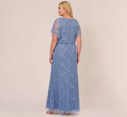 Adrianna Papell Wedding Guest Dresses|Formal Dresses*Plus Size Hand-Beaded Blouson Long Gown With Flutter Sleeves In French Blue