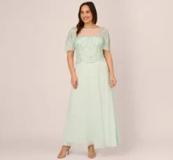 Adrianna Papell Wedding Guest Dresses|Formal Dresses*Plus Size Hand-Beaded Illusion Long Gown With Flutter Sleeves In Mint Glass