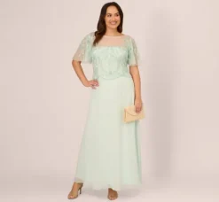 Adrianna Papell Wedding Guest Dresses|Formal Dresses*Plus Size Hand-Beaded Illusion Long Gown With Flutter Sleeves In Mint Glass