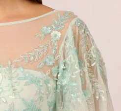 Adrianna Papell Wedding Guest Dresses|Formal Dresses*Plus Size Hand-Beaded Illusion Long Gown With Flutter Sleeves In Mint Glass
