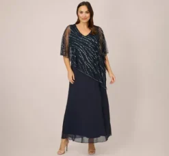 Adrianna Papell Wedding Guest Dresses|Formal Dresses*Plus Size Hand-Beaded Popover Long Dress In