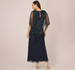 Adrianna Papell Wedding Guest Dresses|Formal Dresses*Plus Size Hand-Beaded Popover Long Dress In