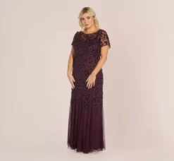 Adrianna Papell Wedding Guest Dresses|Formal Dresses*Plus Size Hand Beaded Short Sleeve Floral Godet Gown In Night Plum