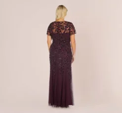 Adrianna Papell Wedding Guest Dresses|Formal Dresses*Plus Size Hand Beaded Short Sleeve Floral Godet Gown In Night Plum