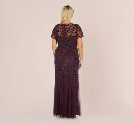 Adrianna Papell Wedding Guest Dresses|Formal Dresses*Plus Size Hand Beaded Short Sleeve Floral Godet Gown In Night Plum