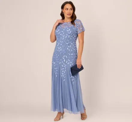 Adrianna Papell Wedding Guest Dresses|Formal Dresses*Plus Size Hand Beaded Short Sleeve Floral Godet Gown In French Blue